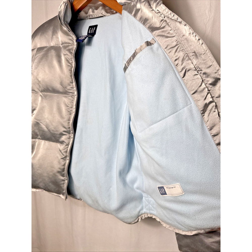 Vintage Y2K Gap Silver Puffer Jacket Girl's Size XL Down Filled Fleece Lined GUC - Picture 5 of 11